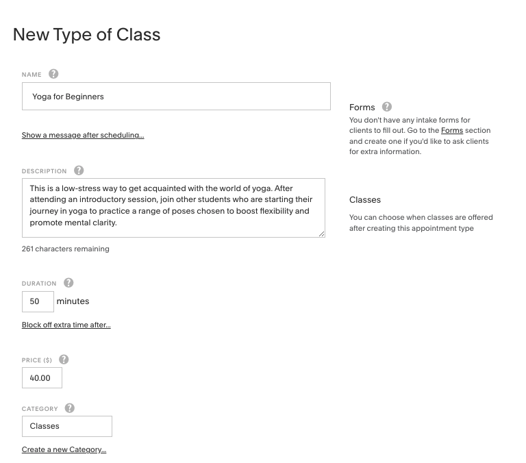 New group class creation panel shows user adding class name, duration, price.png
