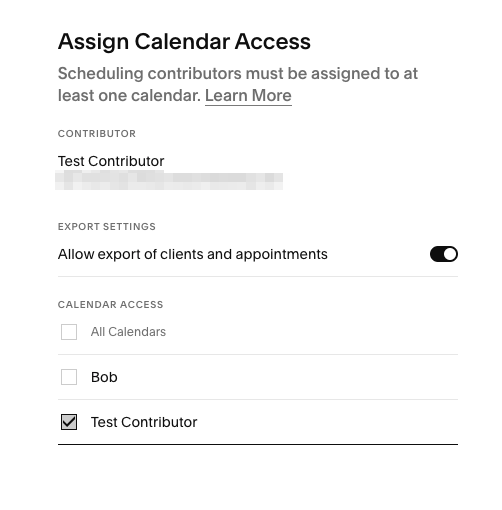 The assign calendar access panel shows the toggle for allowing the user to export and the checklist of calendars for controlling access.