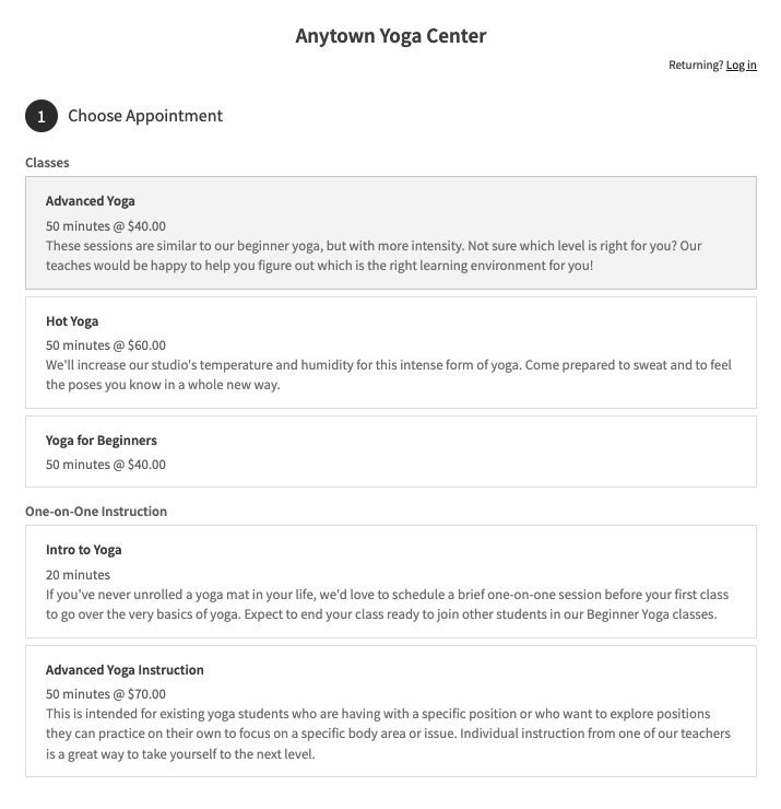 Sample scheduler shows list of available classes with descriptions, durations, prices