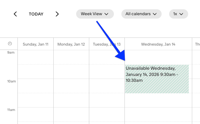 vue hebdomadaire d’un calendrier Acuity avec créneau bloqué