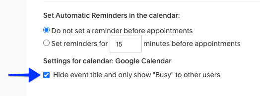 Das Kontrollkästchen Einstellungen für externe Kalender blendet Veranstaltungstitel vor anderen Kontobenutzern aus.