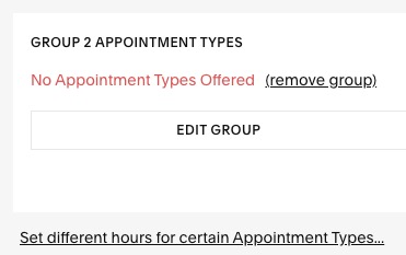 Die Gruppe 2 Terminarten ist leer. Die zweite Zeile ist roter Text mit der Aufschrift „Keine Terminarten angeboten“. Rechts neben dem roten Text befindet sich ein unterstrichener Link „Gruppe entfernen“. 
