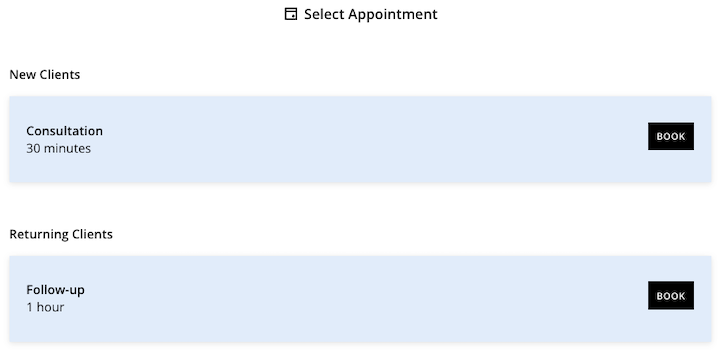 Two category headings display with different appointment type options shown below each category.