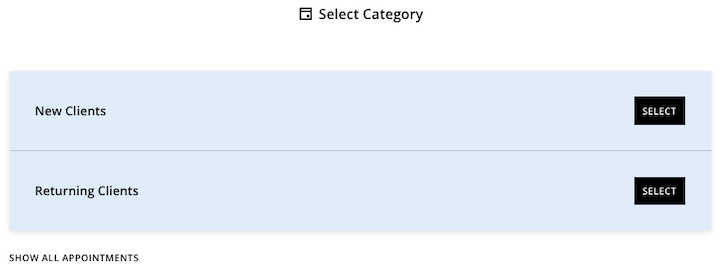 Two category headings display with a Select button for each. Appointment types within each category are not visible until the Select button is clicked.