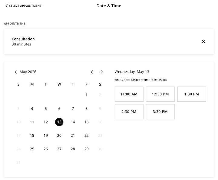 Das monatliche Template zeigt einen Monatskalender mit auswählbaren Daten auf der linken Seite und verfügbaren Zeitfenstern, die am jeweiligen Datum angeboten werden, auf der rechten Seite an.