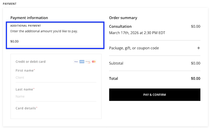 Additional payment field appears at checkout above the client's name and credit card input fields when the appointment doesn't have a minimum price.