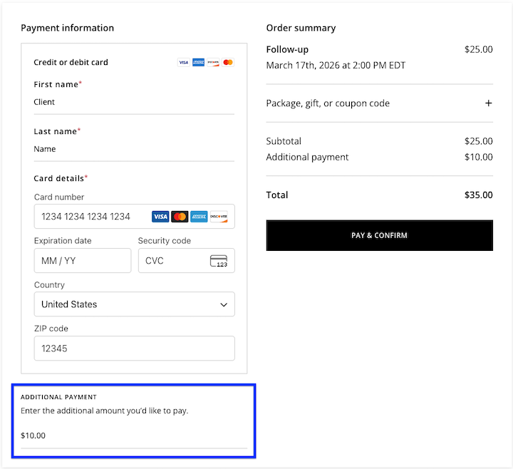 Il campo di pagamento aggiuntivo viene visualizzato al momento del pagamento sotto i campi di immissione della carta di credito quando l'appuntamento ha un prezzo minimo.