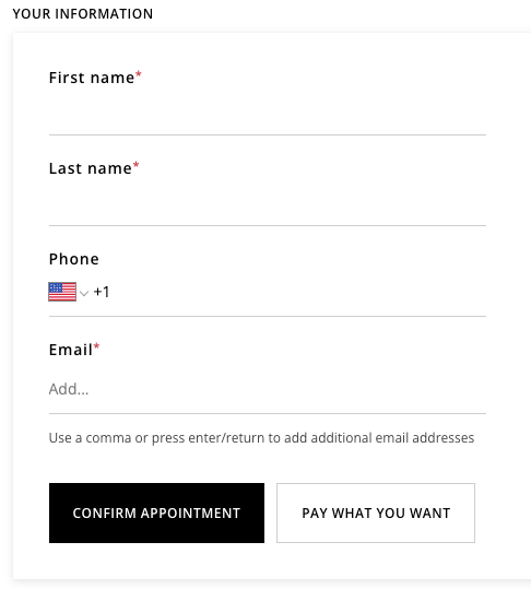 Les boutons Confirmer le rendez-vous ou Payez ce que vous voulez apparaissent sous la section Vos informations.