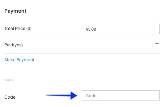 An image shows the 'Payment' section. An arrow points to the last field, 'Code'.