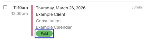 An example appointment from client list entry is shown. The last line is green bubble that reads 'Paid'.