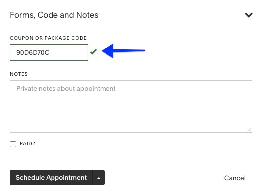 Une image montre la section «&nbsp;Formulaires, code et notes&nbsp;» du panneau. Une flèche pointe vers le premier champ, «&nbsp;Code de bon de réduction ou de package&nbsp;».