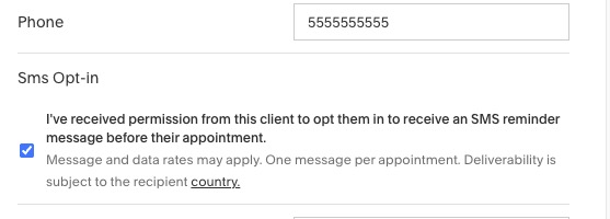 Une image des détails d’un rendez-vous. La section Acceptation des SMS se trouve en dessous de la section Téléphone.