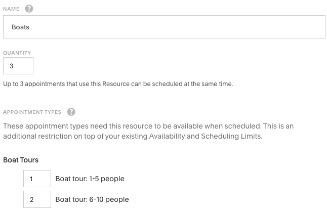 Creating a resource for boats with a total quantity set to 3, a quantity of 1 set for the small group appointment type, and a quantity of 2 set for the large group appointment type.